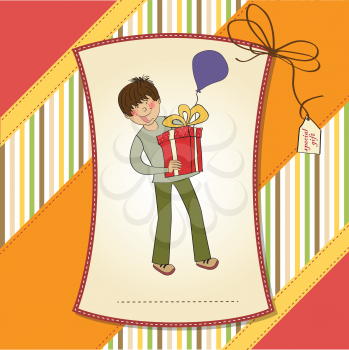 birthday card with boy and big gift box, vector illustration