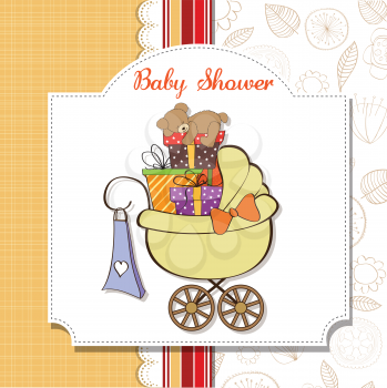 baby shower card with gift boxes in the pram