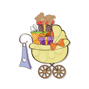 baby shower card with gift boxes in the pram