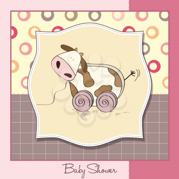 Baby shower card with cute cow toy, vector illustration