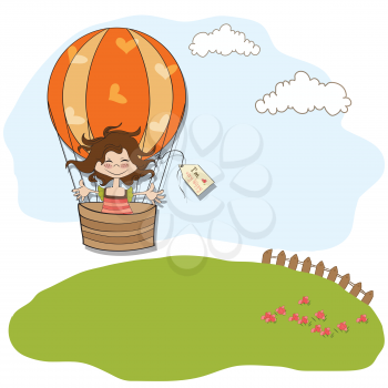 happy girl flying with a balloon flying, vector illustration