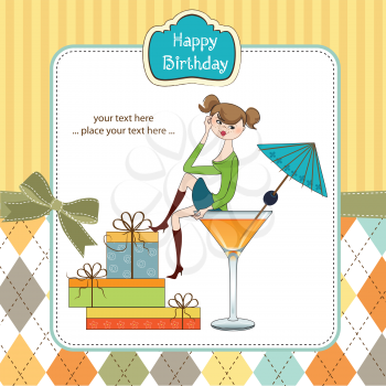 Attractive young girl sitting on the edge of a glass. Glamorous birthday card