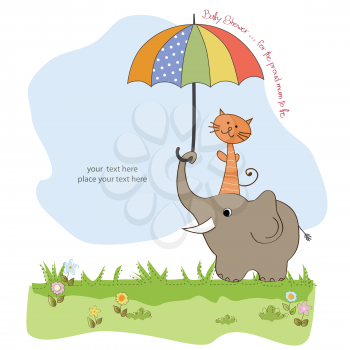 baby shower card with funny elephant and little cat under umbrella