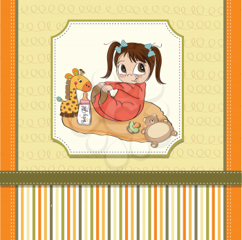 little baby girl play with her toys. baby shower card