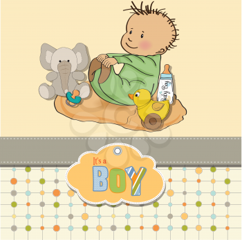 little baby boy play with his toys. shower card in vector format
