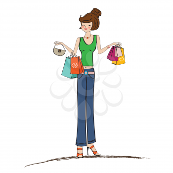 pretty young lady at shopping, illustration in vector format