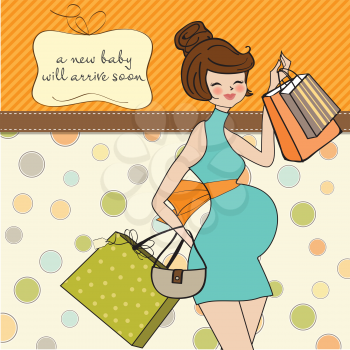 baby announcement card with beautiful pregnant woman on shopping