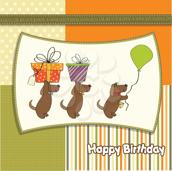 three dogs that offer a big gift. birthday greeting card, vector illustration