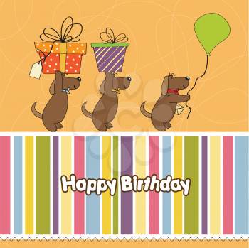 three dogs that offer a big gift. birthday greeting card, vector illustration