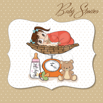 Beautiful baby girl on on weighing scale, vector illustration