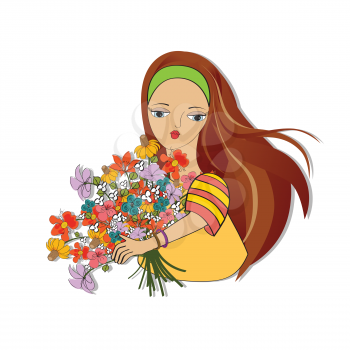 young girl with a bunch of flowers, vector illustration