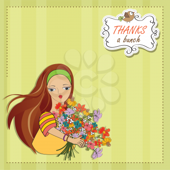 young girl with a bunch of flowers, vector illustration