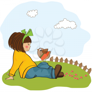 cute young girl talking to little bird, illustration in vector format