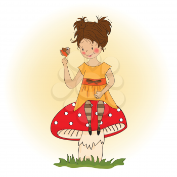 pretty young girl sitting on a mushroom and talking to a little bird