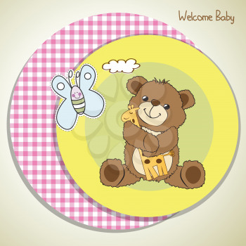 baby shower card with teddy bear and his toy, vector illustration