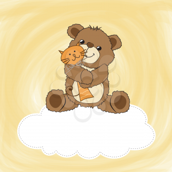 childish greeting card with teddy bear and his toy, vector illustration