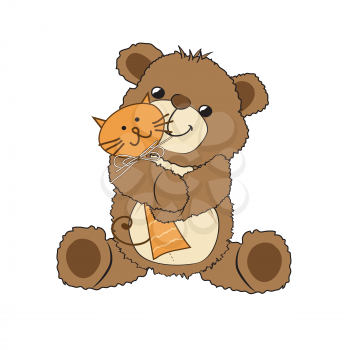 teddy bear playing with his toy, a cat, vector illustration