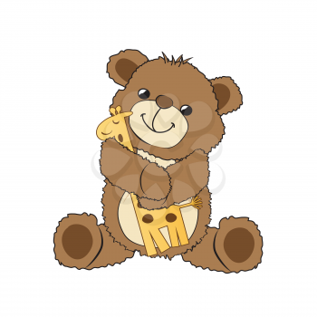 teddy bear playing with his toy, a giraffe, vector illustration