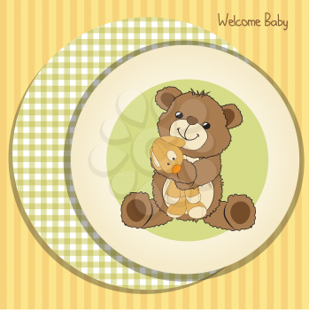 baby shower card with teddy bear and his toy, vector illustration