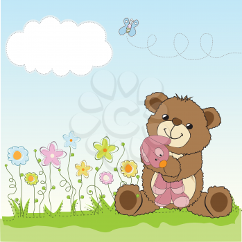 childish greeting card with teddy bear and his toy, vector illustration