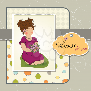 young girl with a bouquet of flowers.birthday greeting card