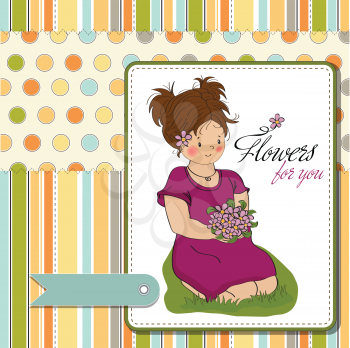 young girl with a bouquet of flowers.birthday greeting card