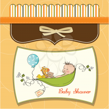 little boy sleeping in a pea been, baby announcement card