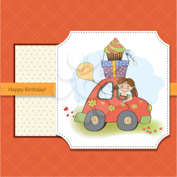 birthday card with funny little girl in vector format