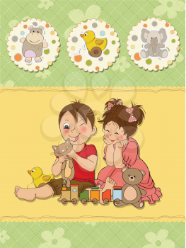 girl and boy plays with toys, vector illustration