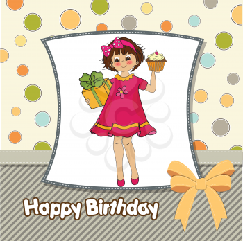 birthday greeting card with girl and big cupcake, illustration in vector format