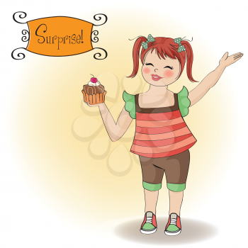 birthday greeting card with girl and big cupcake