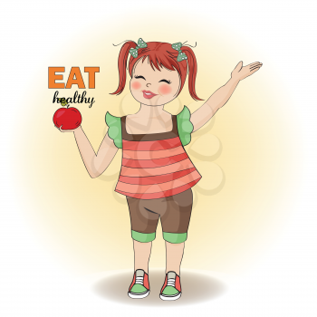 pretty young girl recommends healthy food, vector illustration