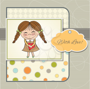 Funny girl with hearts. Doodle cartoon character. Vector Illustration.