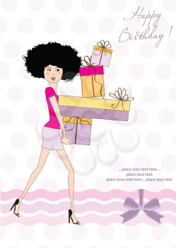 birthday card - pretty young lady with arms full of gifts
