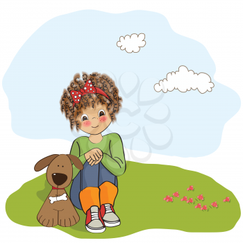 curly little girl and her dog, vector format