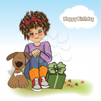 birthday greeting card with pretty little girl, vector