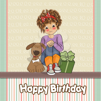 birthday greeting card with pretty little girl, vector