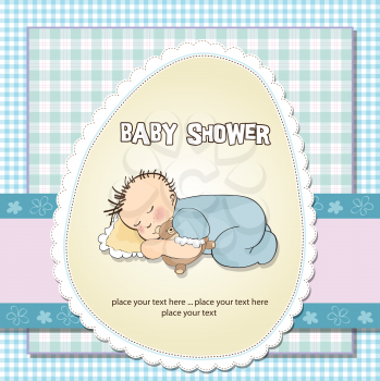baby shower card with little baby boy sleep with his teddy bear toy