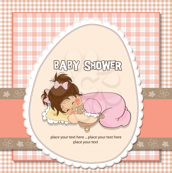 baby shower card with little baby girl play with her teddy bear toy