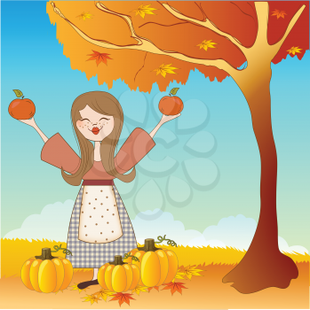 autumn girl with apples and pumpkins