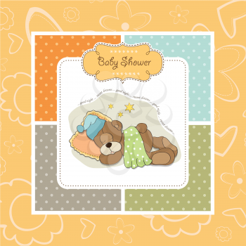 baby shower card with sleeping teddy bear, illustration in vector format