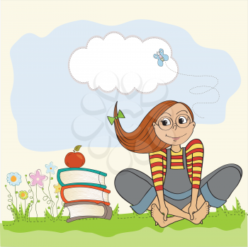 studious girl sitting barefoot in the grasss, vector illustration