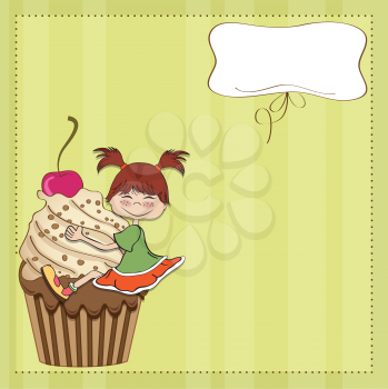birthday card with funny girl perched on cupcake