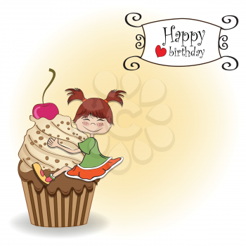 birthday card with funny girl perched on cupcake