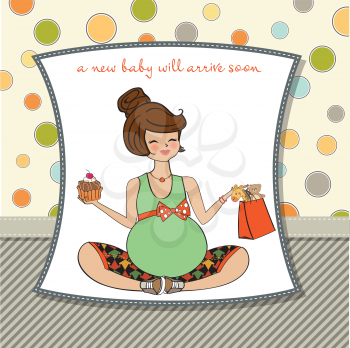 baby announcement card with pregnant woman, vector illustration