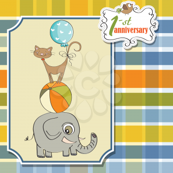 first anniversary card with pyramid of animals, vector illustration
