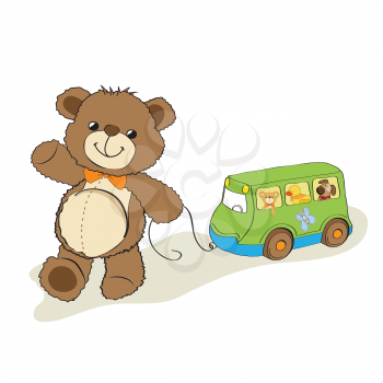teddy bear toy pulling a bus, cartoon vector illustration