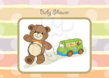baby shower card with cute teddy bear and buss toy