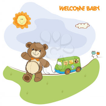 baby shower card with cute teddy bear and bus toy