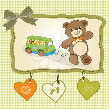 baby shower card with cute teddy bear and bus toy